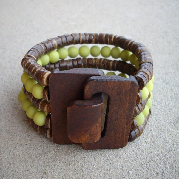 Brown Coconut Wood Beads and Chartreuse Green Rubberized Jade Multi Strand Bracelet with Chunky Brown Wooden Clasp