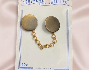 Vintage Sweater Clips | Clip Free Brass Buttons with Chain | Vintage Sewing Notions Minimalist Sewing Notions