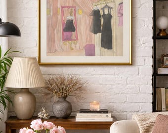 Vintage Fashion Dressing Room Painting Print | Little Black Dress Art | Coquette Boudoir Wall Art | Romantic Parisian Fashion Decor Print