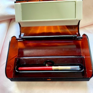 Rare Vintage Makeup Compact Mirror w lip brush sewing kit gift for her wedding gift art deco compact pinup Cottagecore fashion coquette