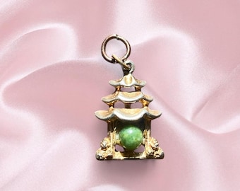 1970s Vintage Gold Pagoda Pendant with Jade Tone Bead | Asian Revival Good Luck Charm Necklace