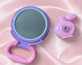 1990s Vintage Tinkerbell Pink Toy Vanity Set | Fairy Mirror, Toy Perfume and Makeup Bag | Y2K Kidcore Decor Princess Dress up 90s Girls Toys