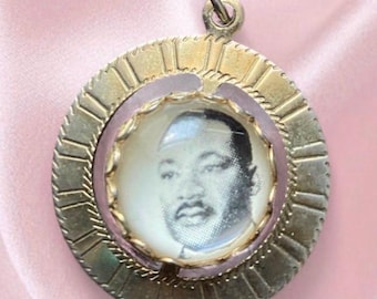 Vintage Spinning Martin Luther King Jr. Pendant Necklace | Gold Tone Lucite Spinner | 1960s Civil Rights Memorabilia MLK Day