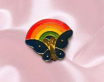 Vintage Gold Tone Butterfly Brooch with Rainbow Detail – Blue Enamel Lapel Pin – 90s Nostalgic Jewelry