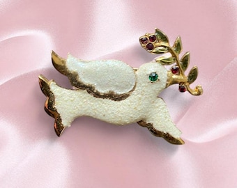 Vintage 90s Avon White Christmas Dove Brooch • Gold Enamel Holiday Pin • Cottagecore Jewelry • Christmas Gift • Collectible Brooch