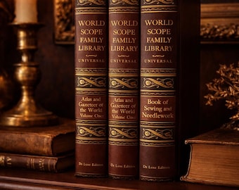Vintage World Scope Family Library Books Set of 3 | Dark Academia Old Money Decor | Gold Gilt Hardcover Books