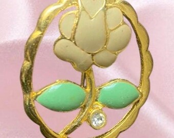 Vintage Avon 1990s  Rhinestone Gold Toned Enamel Flower Brooch | Cottagecore Jewelry | Coquette Floral Pin Old Money Lapel Pin