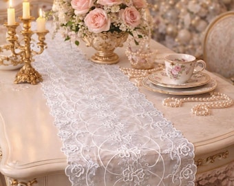 Victorian Lace Table Runner | White Embroidered Lace Runner | Royalcore Rococo Table Decor | Romantic Cottagecore Dining Decor