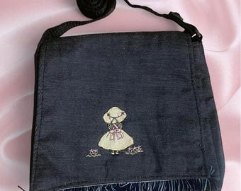 Vintage Doll Crossbody Bag, Black Embroidered Fringe Purse, Coquette Bag, Y2K Cottagecore Shoulder Bag