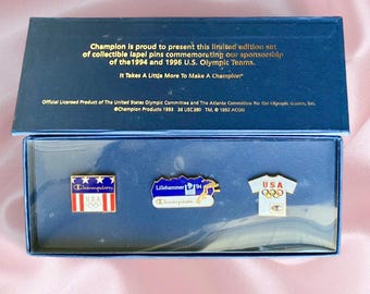 1990s Champion USA Olympic Enamel Pin Set | Lillehammer 1994 & Atlanta 1996 Olympics | Vintage Sports Memorabilia Pins NIB