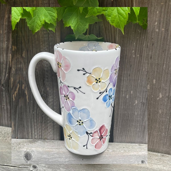Hand painted beautiful Tall Mug cherry blossom 16oz  Coffee Mug Coffee Cup Tea Ceramic Mug Flower Mug floral pattern