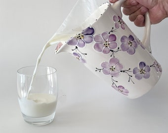 Hand painted purple ceramic pitcher for milk, ceramic milk bag holder, ceramic milk bag pitcher, Canadian milk bag, handmade milk pitcher,