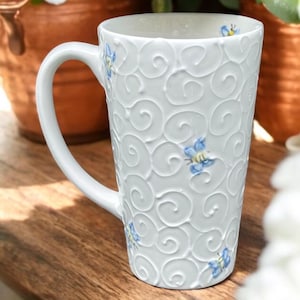 Hand Painted Bee Coffee Mug: Tall Ceramic Floral Tea Cup