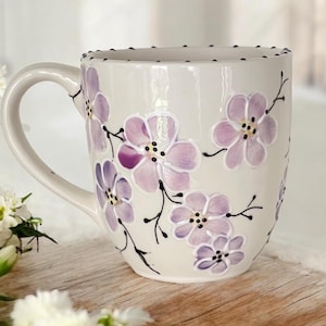 Hand Painted Cherry Blossom Mug: 24oz Ceramic Coffee Cup