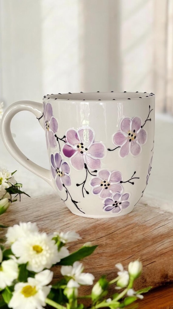 Hand Painted Cherry Blossom Mug: 24oz Ceramic Coffee Cup - Etsy