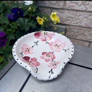 Hand-Painted Cherry Blossom Ceramic Spoon Rest: Whimsical Kitchen Decor