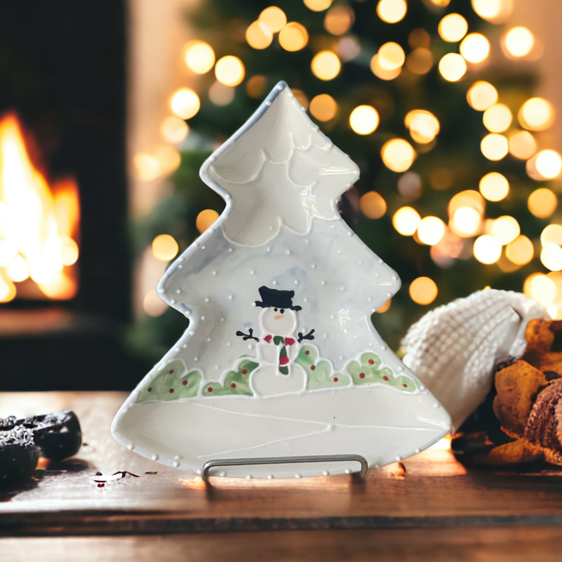 Hand Painted and Hand Made Snowman Design Christmas Tree Shaped Server Christmas Cookie Plate Etsy