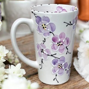 Hand Painted Cherry Blossom Mug: Tall Floral Coffee Cup (16oz)