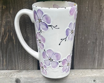 Tall Mug, Cherry Blossom mug, Purple, Hand Painted, 16oz Coffee Mug, Coffee Cup, Tea Cup, floral mug, big mug, Floral Mug, pretty mug