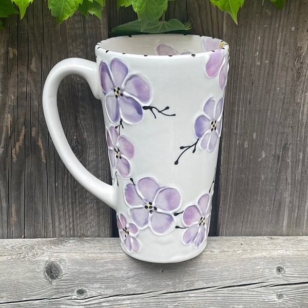 Tall Mug, Cherry Blossom mug, Purple, Hand Painted, 16oz Coffee Mug, Coffee Cup, Tea Cup, floral mug, big mug, Floral Mug, pretty mug