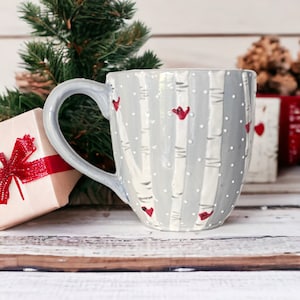 Handmade Oversized Cardinal Mug: Painted Birch Tree Winter Design