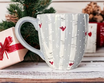 Handmade oversized mug, painted with birch and cardinal design, Winter themed gift idea, gift for women, Christmas gift, holiday themed mug