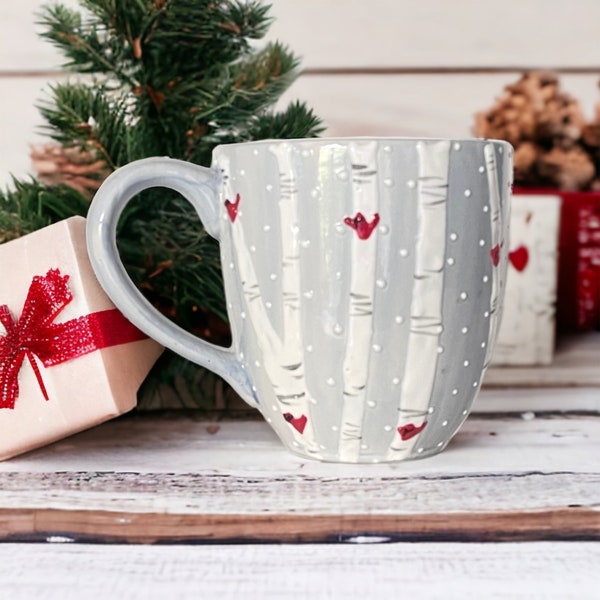 Handmade oversized mug, painted with birch and cardinal design, Winter themed gift idea, gift for women, Christmas gift, holiday themed mug