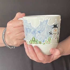 Handmade oversized mug, hand painted with snowman design, holiday themed mug, gift for women, Christmas gift idea,