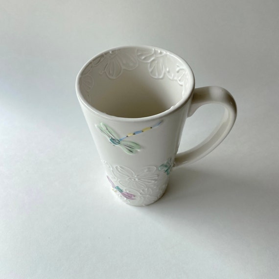 Tall Mug White Dragonfly Hand Painted 16oz Coffee Mug Coffee Cup Tea Cup  Ceramic Mug Flower Mug 2 Cup gift Floral Mug Pretty Mug 