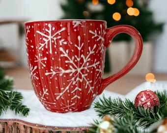 Big Xmas mug, Xmas mugs with snowflake designs, hand painted mugs with red and white snowflakes, hostess gift for her, handmade Xmas mug.