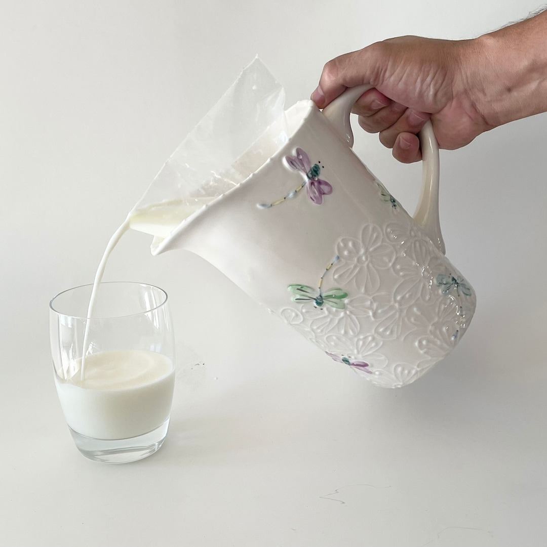Hand Painted Ceramic Pitcher for Milk, Ceramic Milk Bag Holder, Ceramic Milk Bag Pitcher