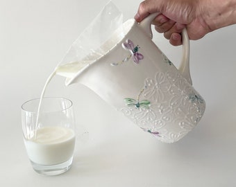 Hand painted ceramic pitcher for milk, ceramic milk bag holder, ceramic milk bag pitcher, Canadian milk bag, handmade milk pitcher,