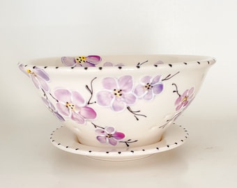 Hand Painted Ceramic Berry Bowl: Fruit Colander with Floral Design