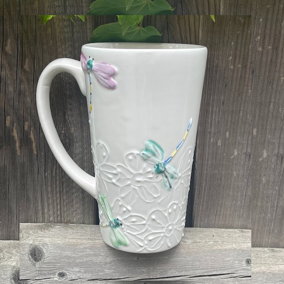 Tall Mug White Dragonfly Hand Painted 16oz Coffee Mug Coffee Cup Tea Cup  Ceramic Mug Flower Mug 2 Cup gift Floral Mug Pretty Mug 