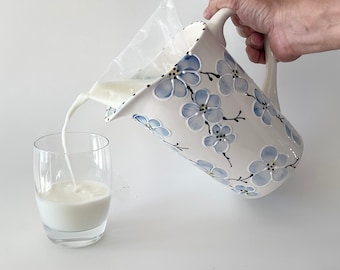 Hand painted ceramic pitcher for milk, ceramic milk bag holder, blue floral milk bag pitcher, Canadian milk bag, handmade milk pitcher,