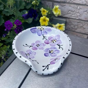 Hand-Painted Ceramic Cherry Blossom Spoon Rest: Whimsical Purple Floral Decor