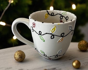 Hand Painted Christmas Lights Mug: Oversized Holiday Coffee Cup