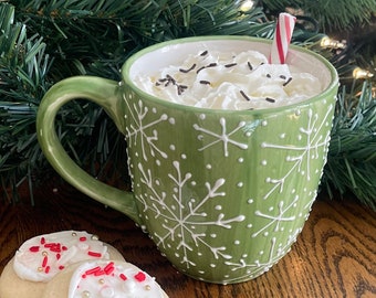 Xmas mug, Christmas mugs snowflake design, hand painted mug with green and white snowflake, hand made hostess gift for her, winter mug,