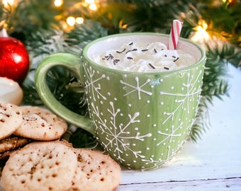 Hand-Painted Christmas Mug: Green Snowflake Winter Coffee Cup