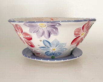 Hand Painted Ceramic Berry Bowl: Fruit Colander with Plate