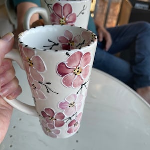 Hand painted, cherry blossom mug, pink mug, tall mug, pretty mug, teacher’s gift, floral mug, pink flower mug, coffee mug, tea mug, 16oz mug