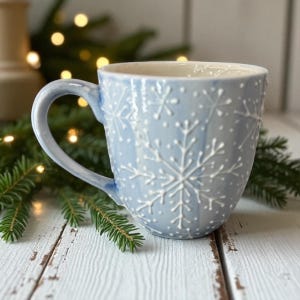 Peut inclure: Une tasse en céramique bleu clair avec un motif de flocon de neige blanc. La tasse a une anse incurvée et est décorée de flocons de neige blancs en relief. La tasse est sur une surface en bois blanc avec de la verdure et des lumières en arrière-plan.