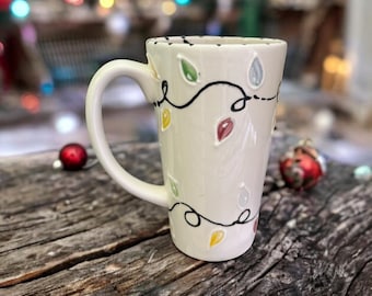 Handmade Ceramic Christmas Mug, Oversized Coffee Mug with Fairy Lights