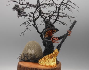 Witch, Broom, Wire Tree, Haunted Tree, Black Tree, Wire Sculpture, Ghost, Stone, Bat, Halloween Display,