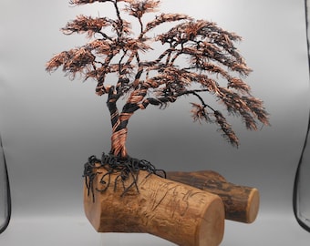Wire Tree, Wire Sculpture, Hand Twisted, Windblown, Black Copper, Dogwood Log,