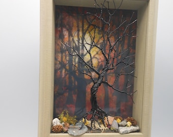 Wire Tree,Resin Art,Fall Art,Picture Frame,Shadow Box,Resin Tree,Nature Artwork, Fall Season, Fall Trees, Home Decor,Wall Hanging, Wire Art