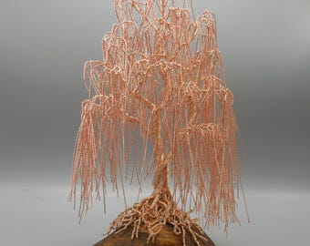 Willow Tree, Wire Tree,  Rose Gold, Oak Wood, Anniversary, Art, Sculpture, Collectables, Gift Ideas, Copper, Nature,
