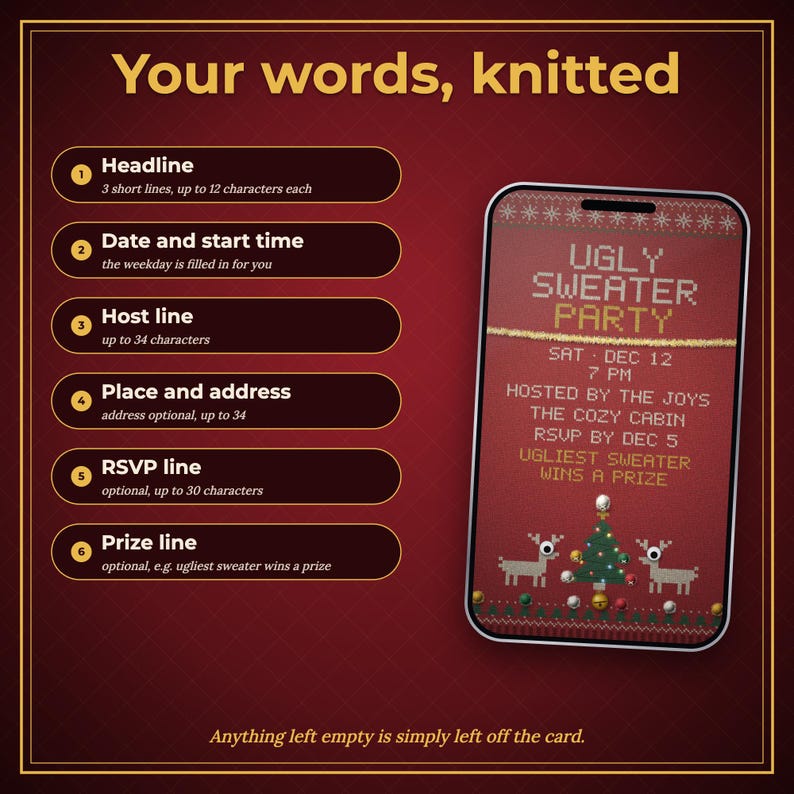Einladungsvideo für eine Weihnachtspullover-Party, animierte Einladung mit Musik und gestricktem Weihnachtspullover, personalisierte Einladung zur Weihnachtsfeier, per SMS oder zum Teilen Bild 4