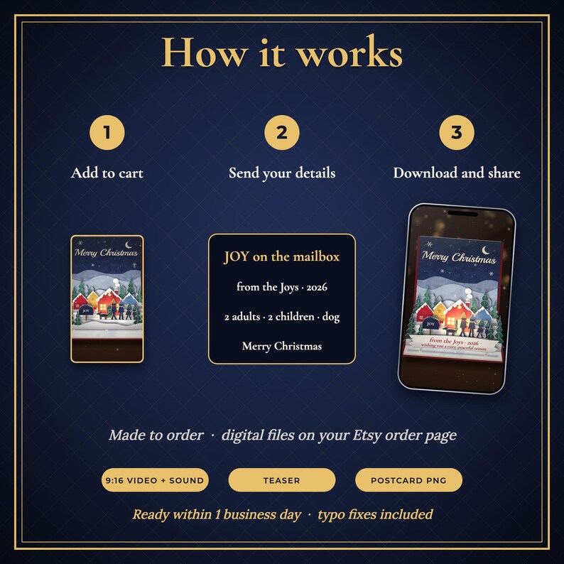 Pop-up-Weihnachtskarte als Video, personalisierte Weihnachtsgrüße für die Familie mit Namen, animiertes Papierdorf, digitale Weihnachtskarte zum Versenden per SMS oder E-Mail Bild 6