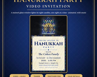 Inbjudningsvideo till Hanukkah-fest, animerad menora i målat glas med musik, personlig inbjudan till högtidsfest, sms:a eller dela